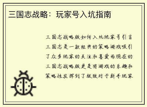 三国志战略：玩家号入坑指南