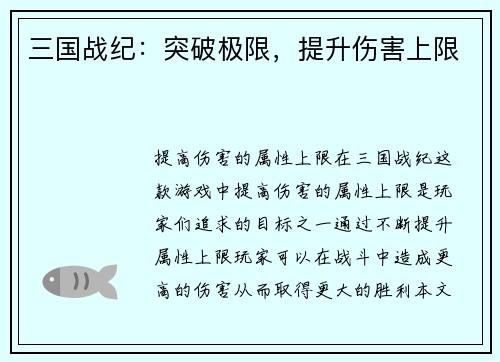 三国战纪：突破极限，提升伤害上限